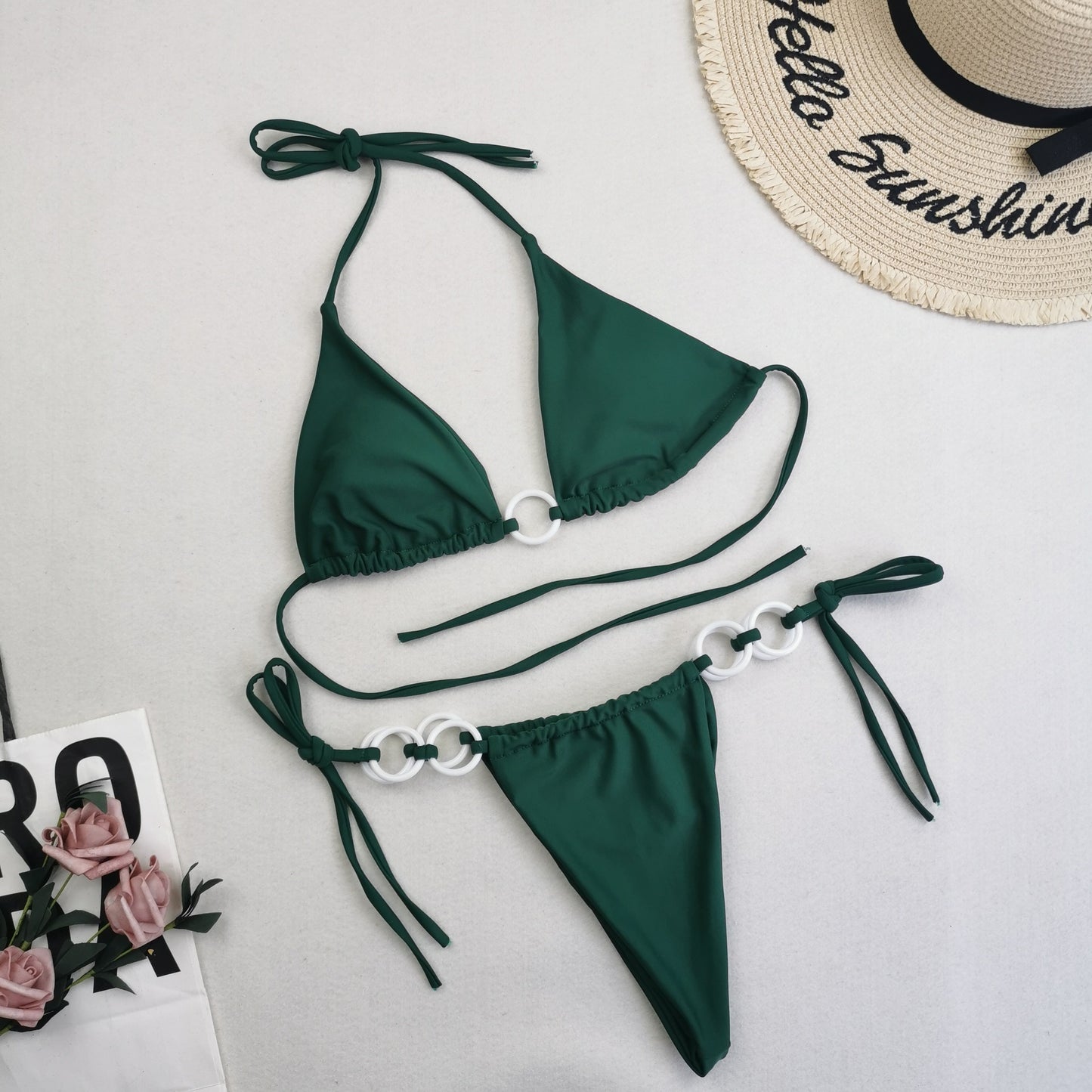 Solid Color Lace-Up Split Bikini