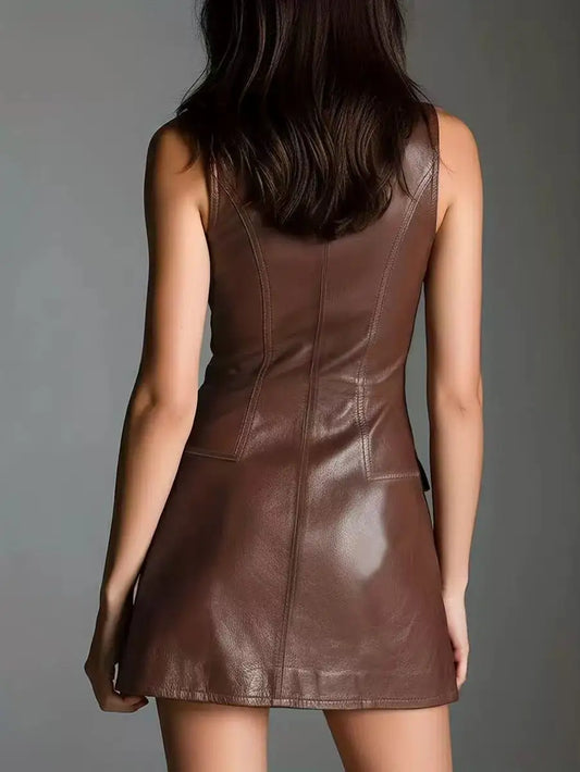 Leather V-Neck Zipper Bodycon Mini Dress with Pockets
