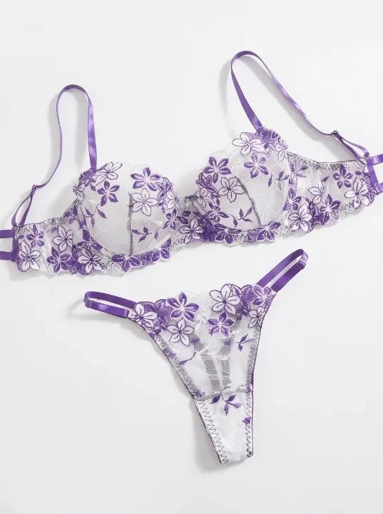Floral Embroidery Underwire Push-Up Bra & Lace Panty Set