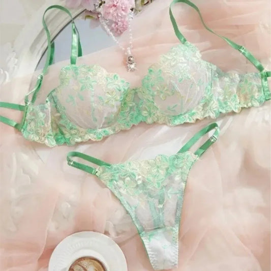 Floral Embroidery Underwire Push-Up Bra & Lace Panty Set