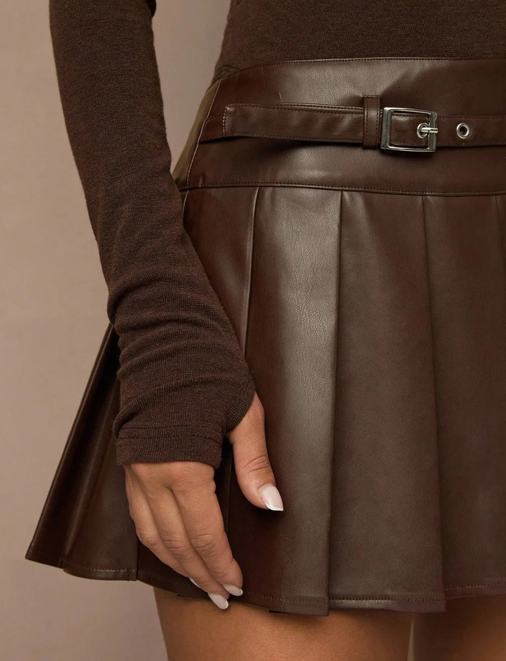 High-Waist PU Leather Pleated Mini Skirt
