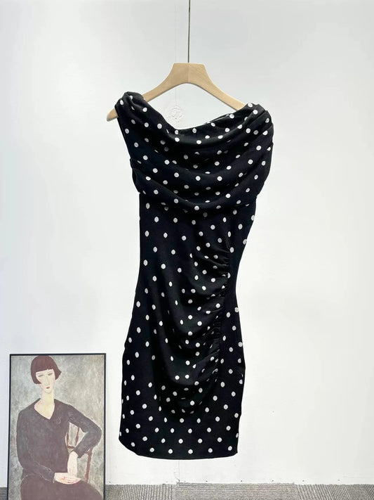 Black Polka Dot Knit Asymmetrical Shoulder Mini Dress