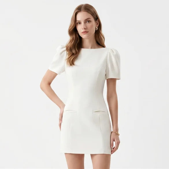 Boat Neck Puff Sleeve Bodycon Mini Dress