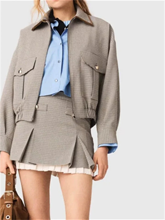 Houndstooth Jacket & Pleated Mini Skirt Set