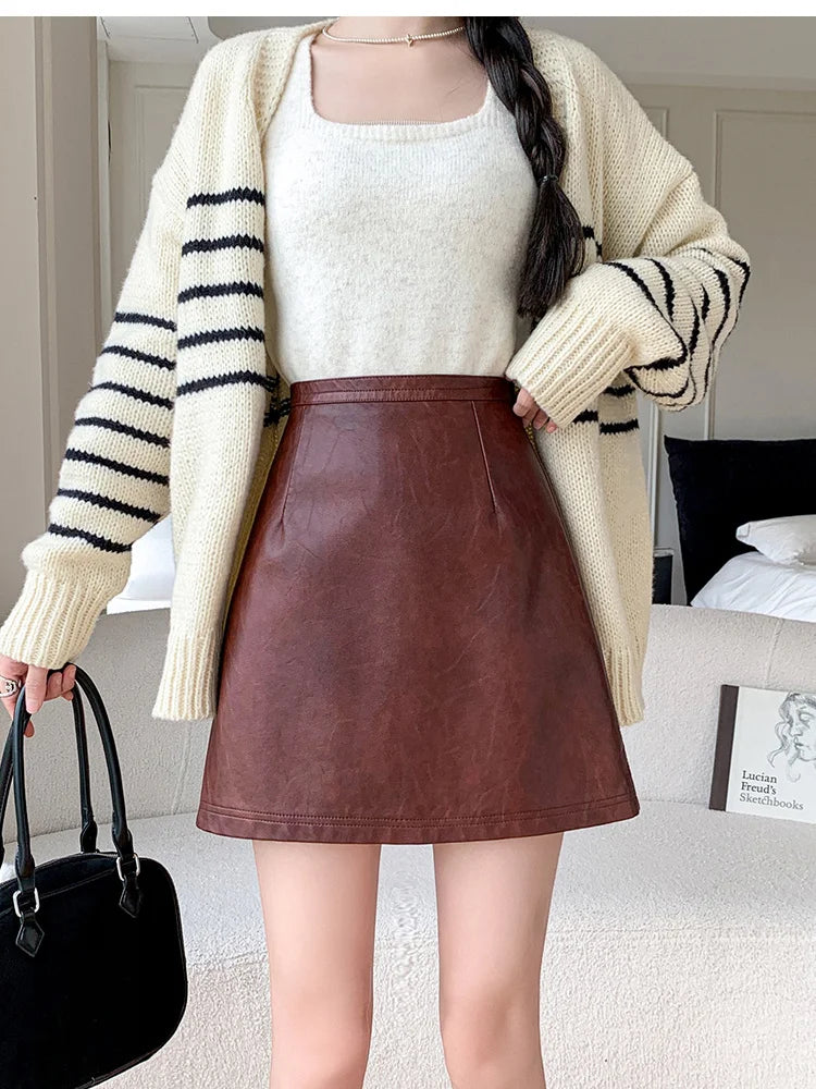 Burgundy PU Leather Mini Skirt