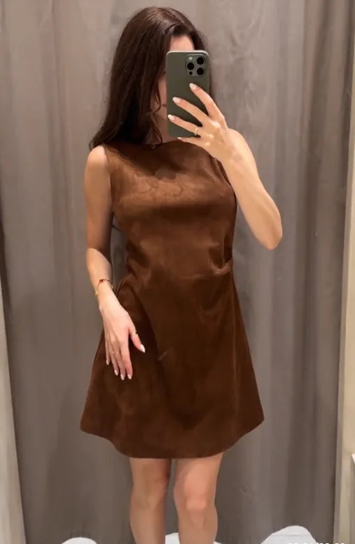 Brown Suede O-Neck High Waist A-Line Mini Dress