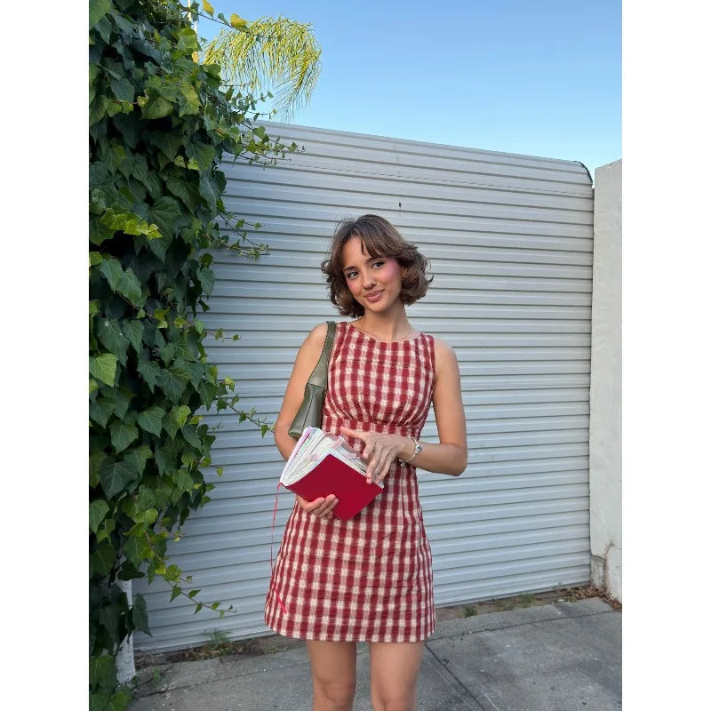 Red & White Checkered Slim Waist Sleeveless Mini Dress