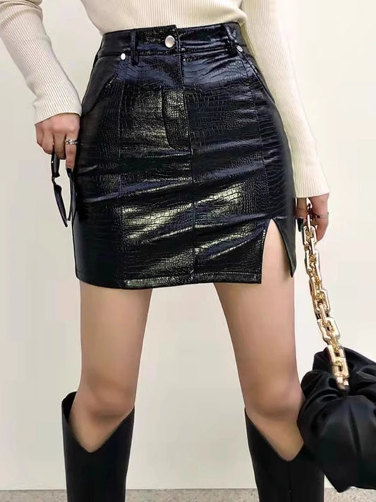 Black PU Leather Wrap Mini Skirt