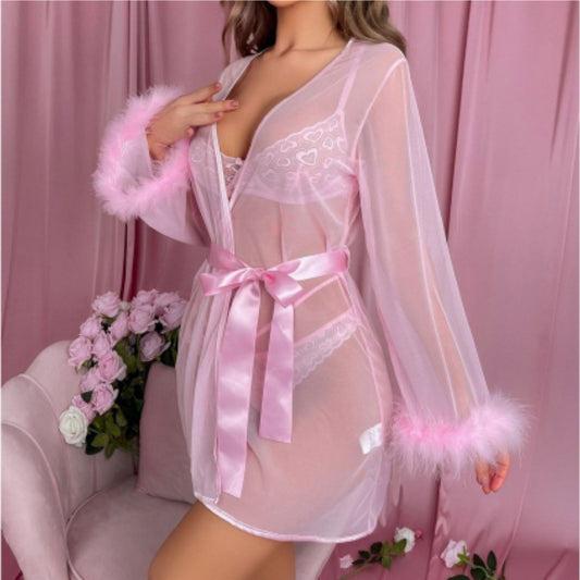 Lace Transparent Three-Piece Lingerie Set with Robe