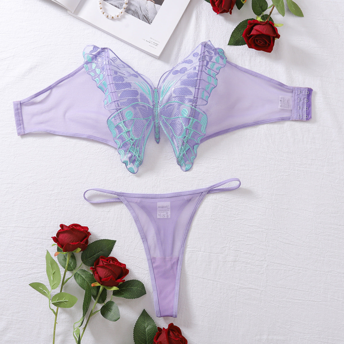 Mesh Embroidery Bow Lingerie Set