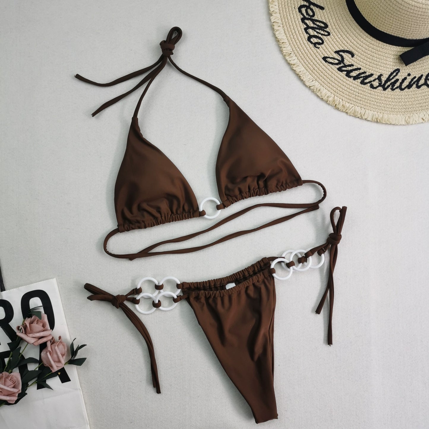 Solid Color Lace-Up Split Bikini