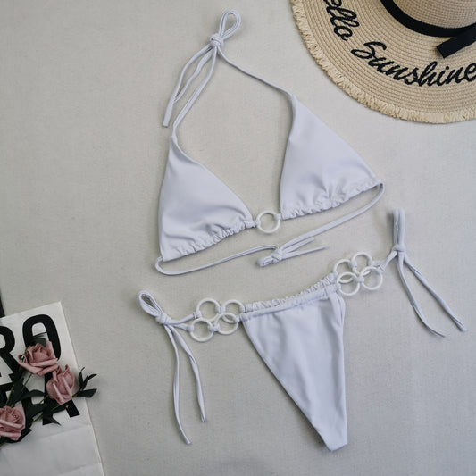 Solid Color Lace-Up Split Bikini