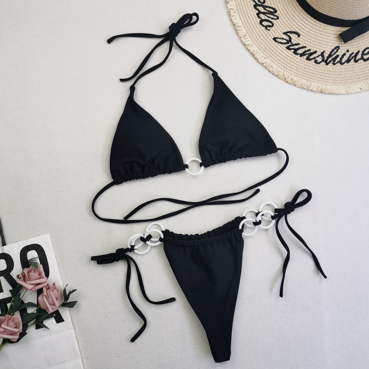 Solid Color Lace-Up Split Bikini