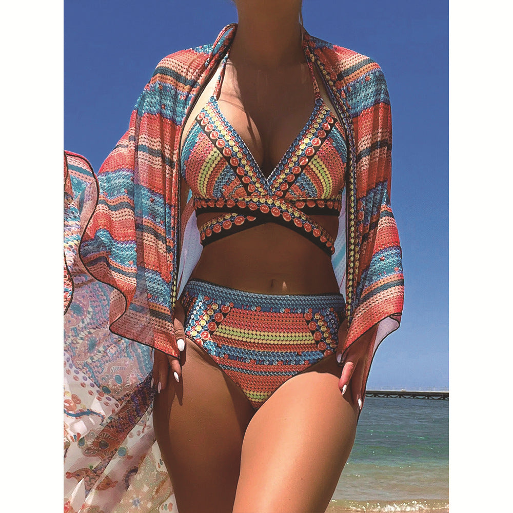 Cross Tie High Waist Three-Piece Bikini Set