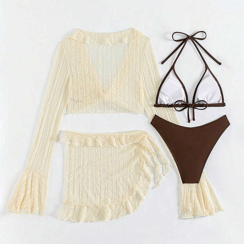 Mesh Hooded Long Sleeve Four-Piece Bikini Set