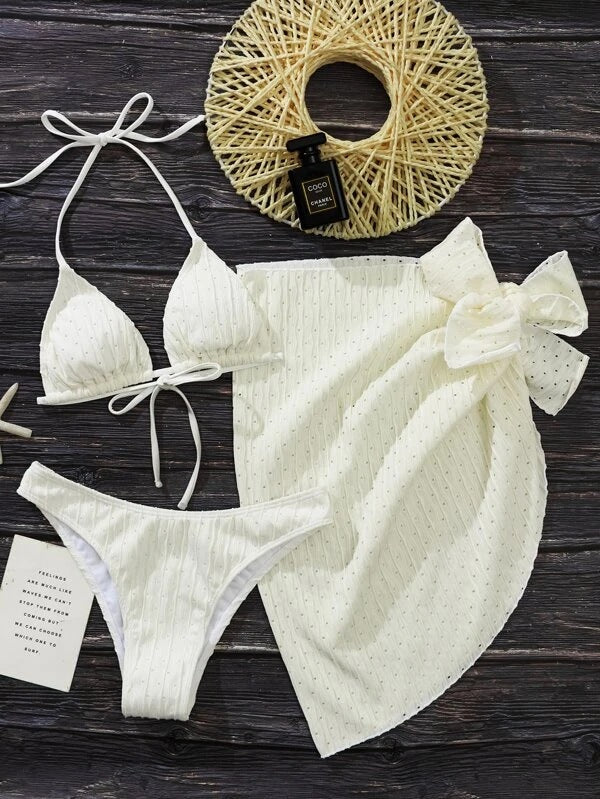 Mesh White 3-Piece Suspender Swimsuit Set