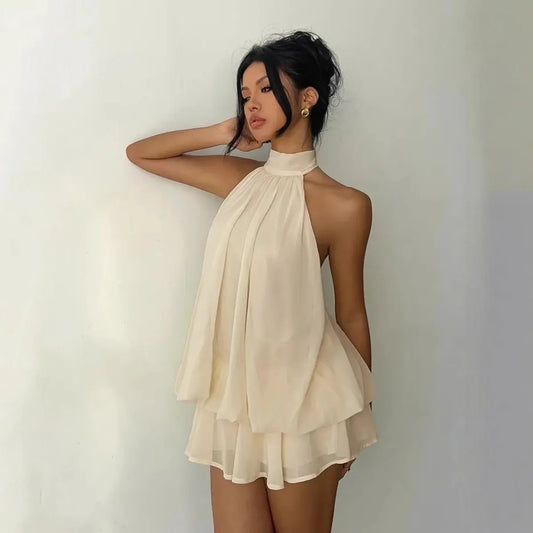 Halter Neck Tie-Front Chiffon Mini Dress
