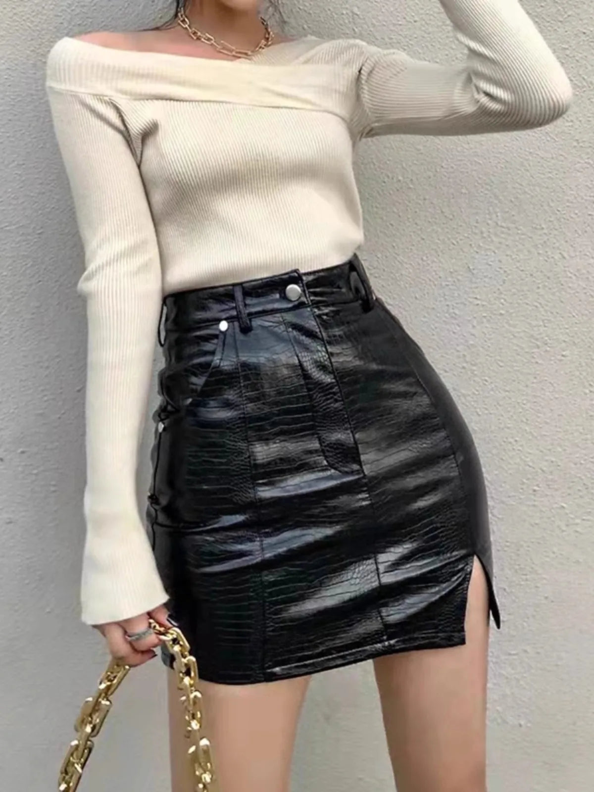 Black PU Leather Wrap Mini Skirt