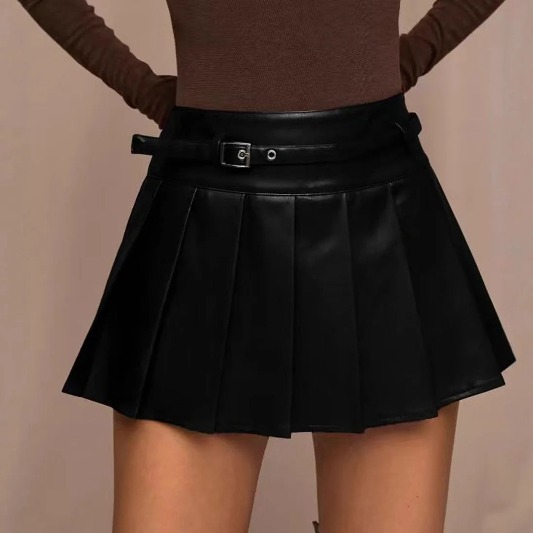 PU Leather Pleated Mini Skirt