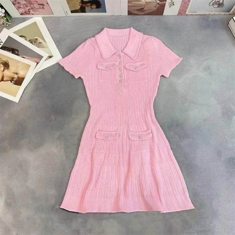 Polo Neck Short Sleeve Knit Wrapped Hip Mini Skirt