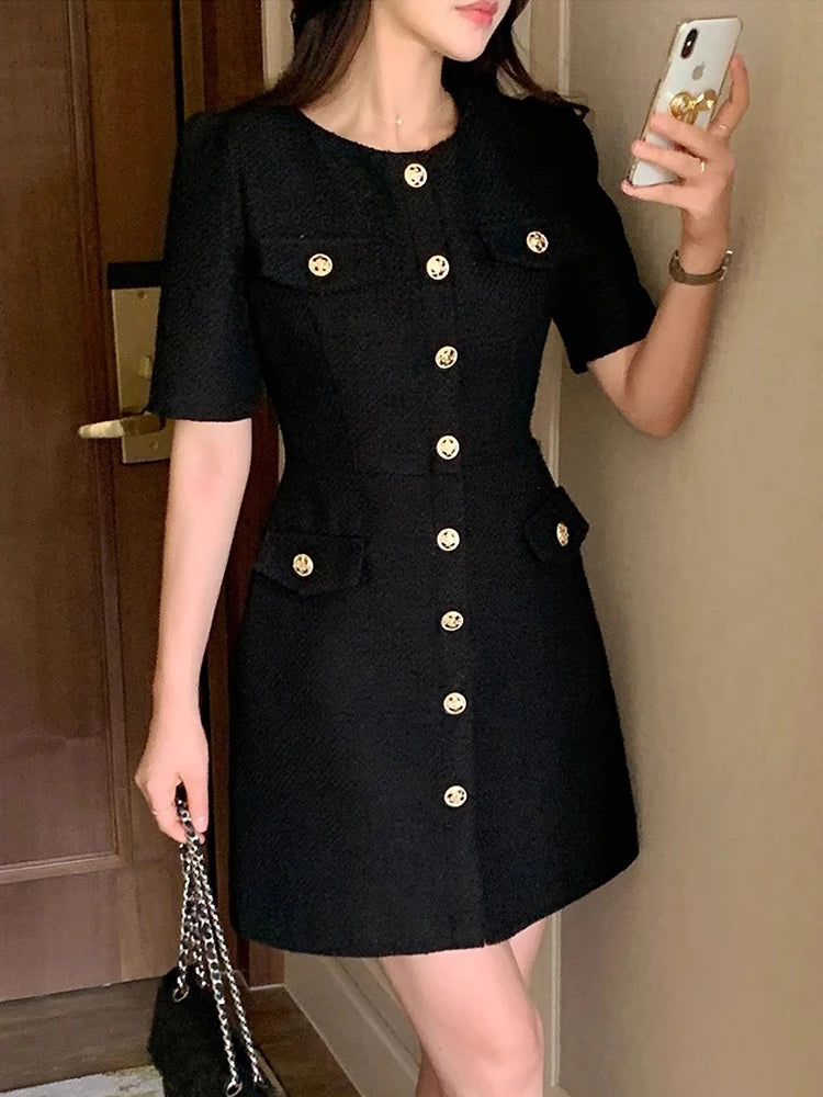 Korean Chic Tweed Puff Sleeve Mini Dress