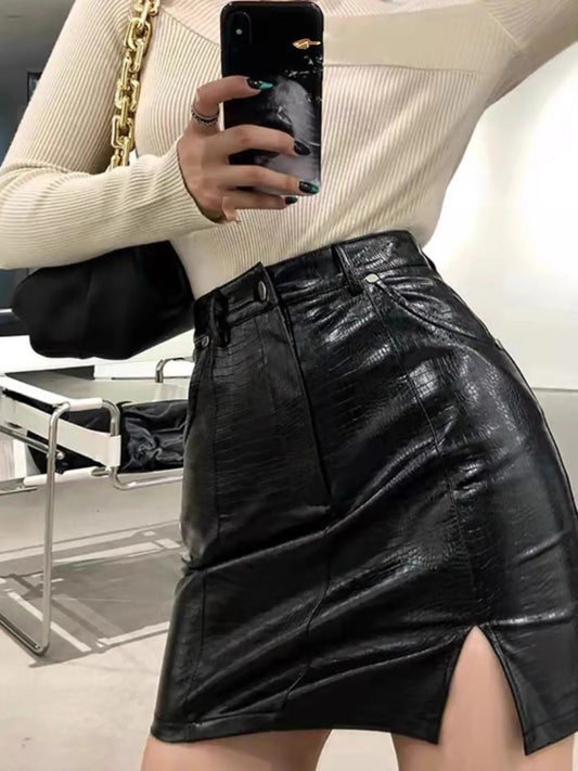 Black PU Leather Wrap Mini Skirt