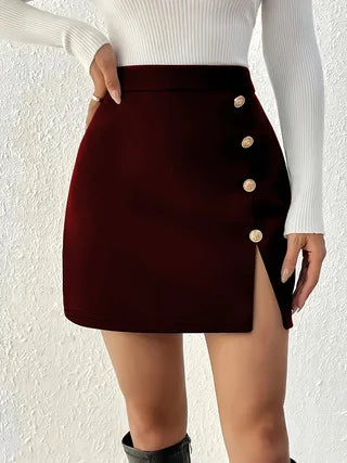 Slit Front Button Mini Skirt