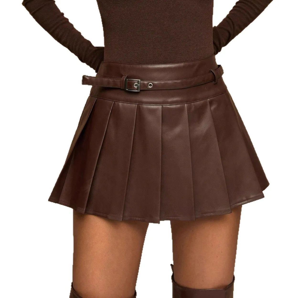 High-Waist PU Leather Pleated Mini Skirt