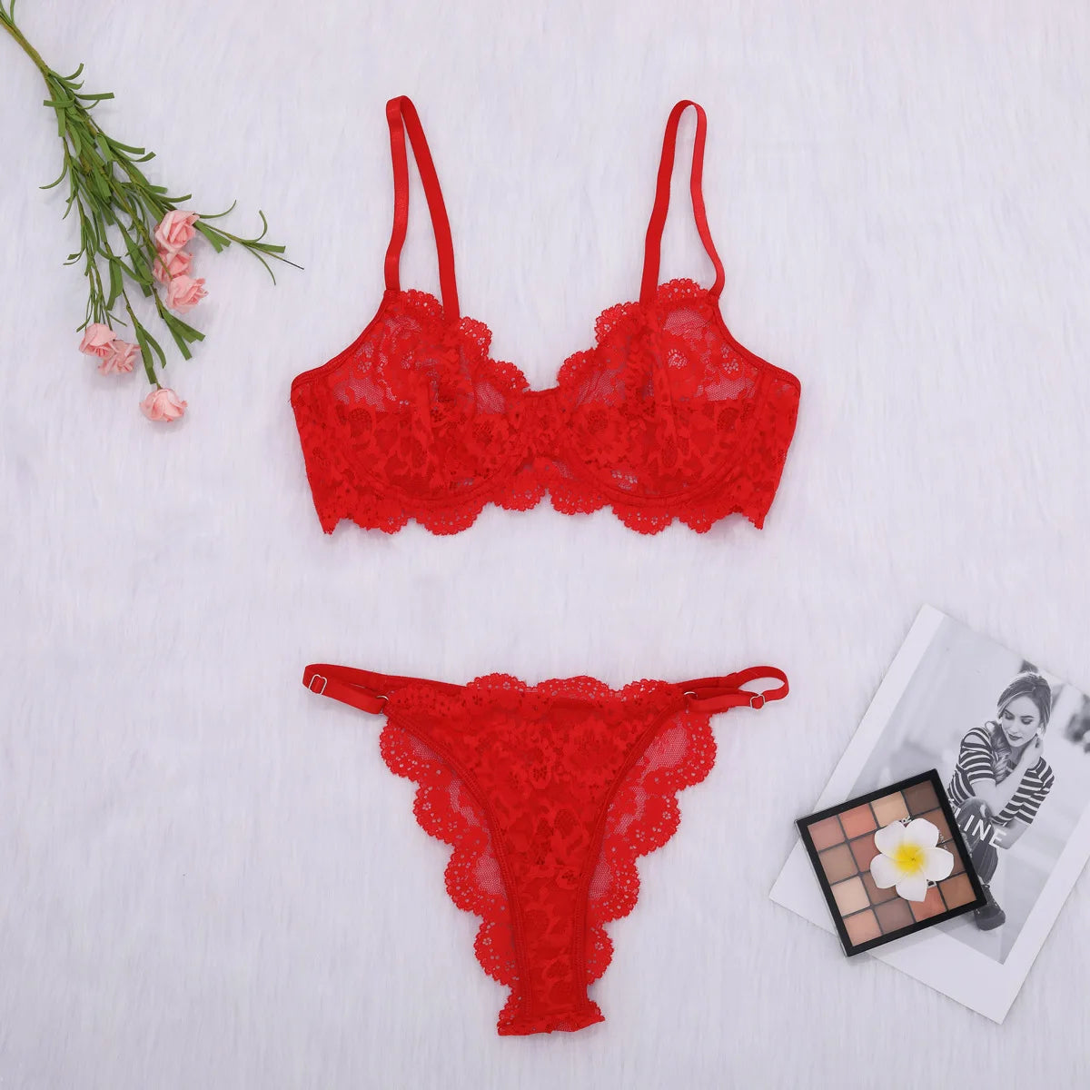 Mesh See-Through Lace Lingerie Two-Piece Set