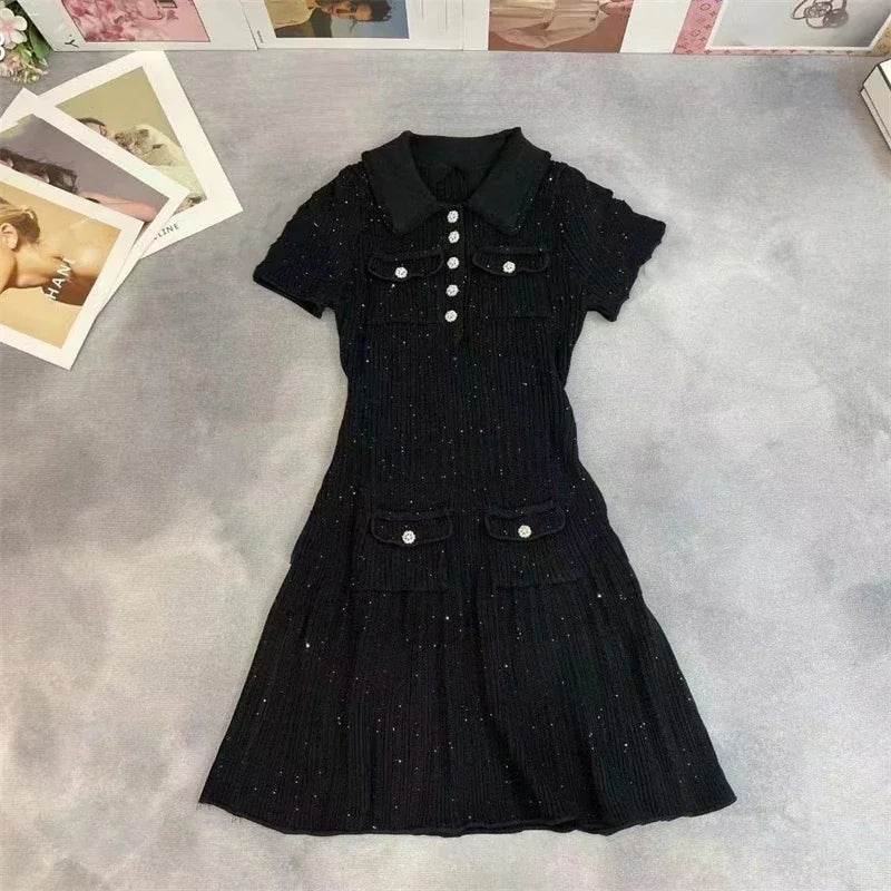 Polo Neck Short Sleeve Knit Wrapped Hip Mini Skirt