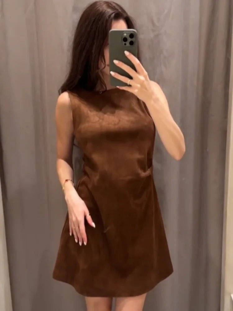 Casual Brown Suede Round Neck Waist-Cinching A-Line Mini Dress
