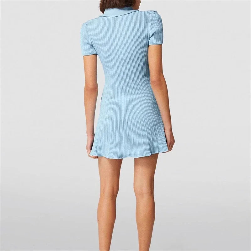 Polo Neck Short Sleeve Knit Wrapped Hip Mini Skirt