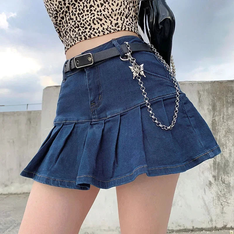 Denim A-Line Pleated Mini Skirt
