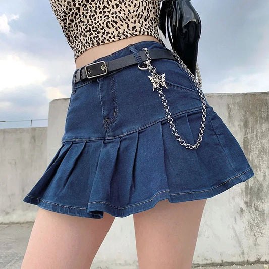 Denim A-Line Pleated Mini Skirt