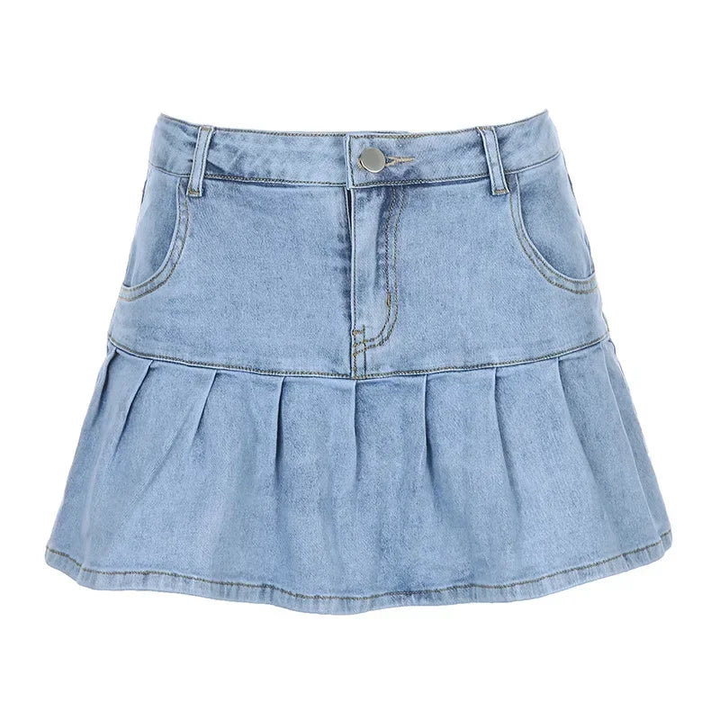 Denim A-Line Pleated Mini Skirt
