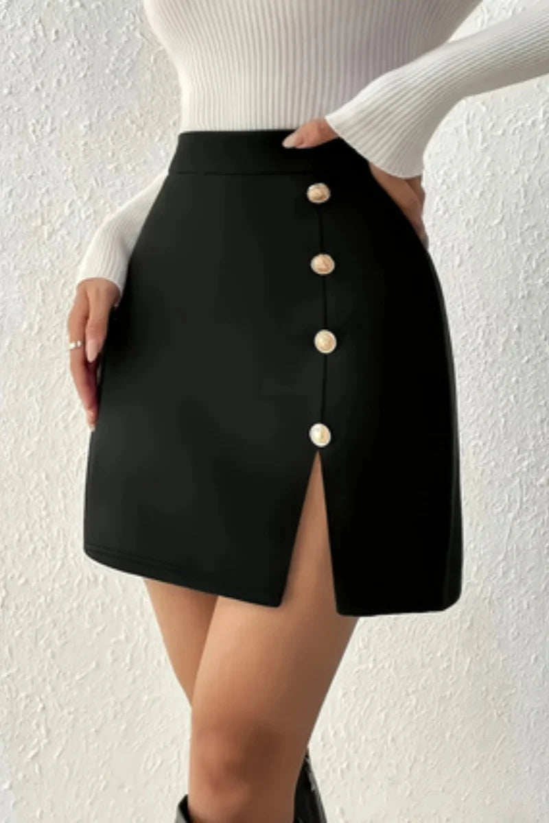Slit Front Button Mini Skirt
