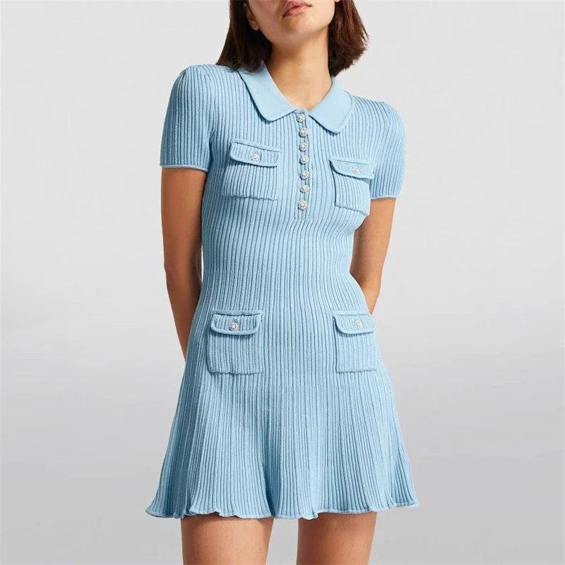 Polo Neck Short Sleeve Knit Wrapped Hip Mini Skirt