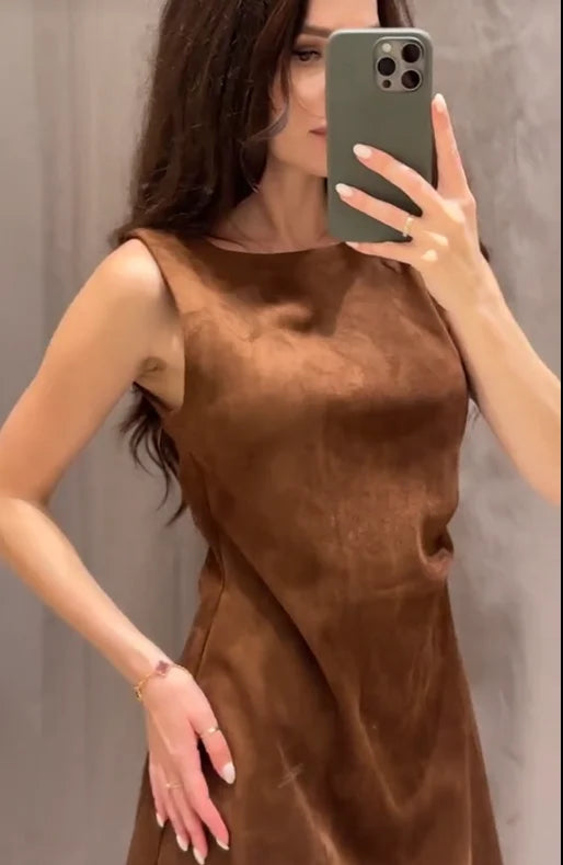 Casual Brown Suede Round Neck Waist-Cinching A-Line Mini Dress
