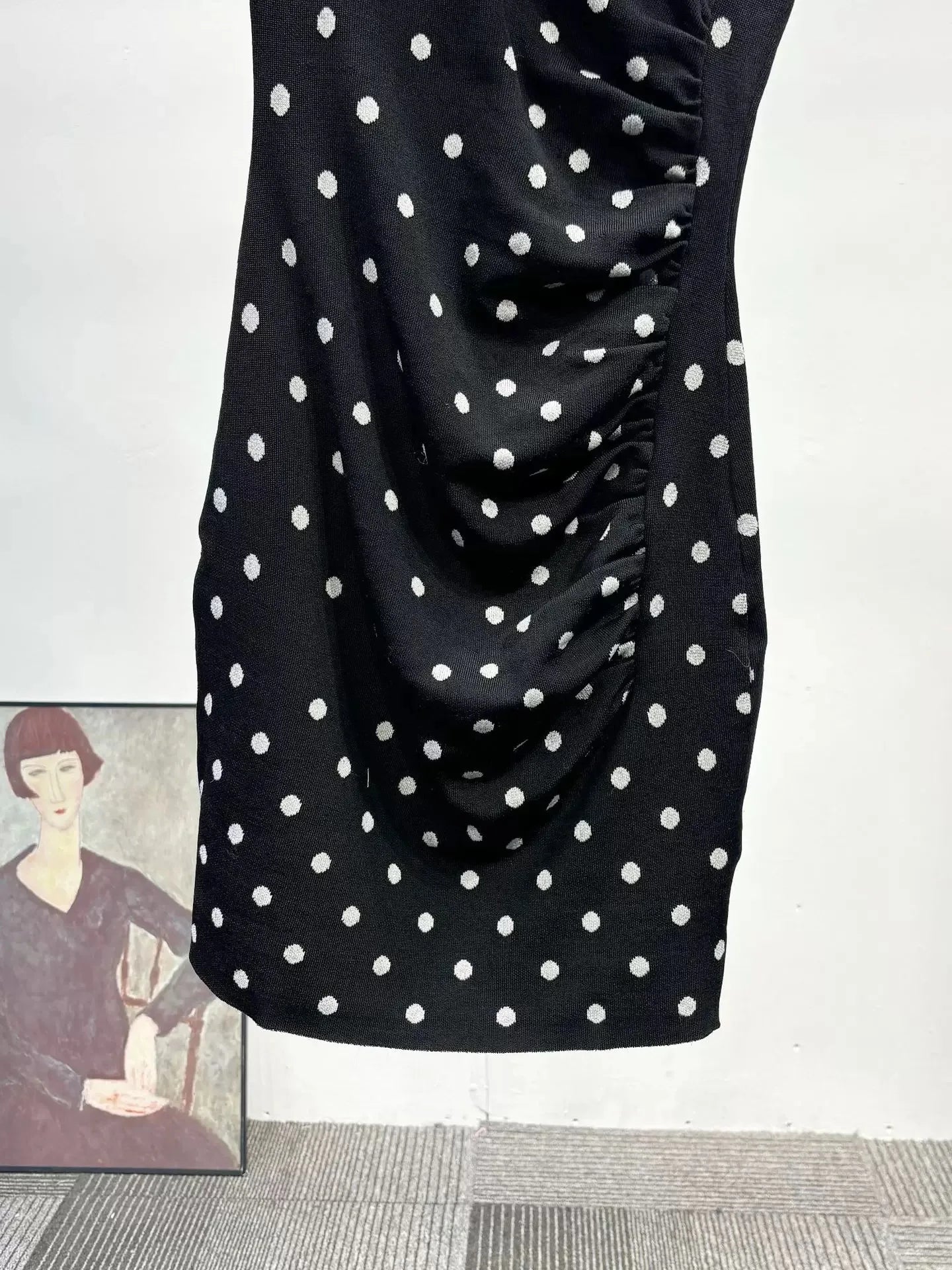 Black Polka Dot Knit Asymmetrical Shoulder Mini Dress
