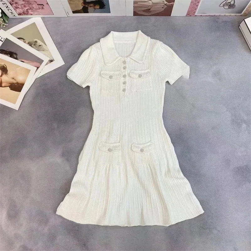 Polo Neck Short Sleeve Knit Wrapped Hip Mini Skirt