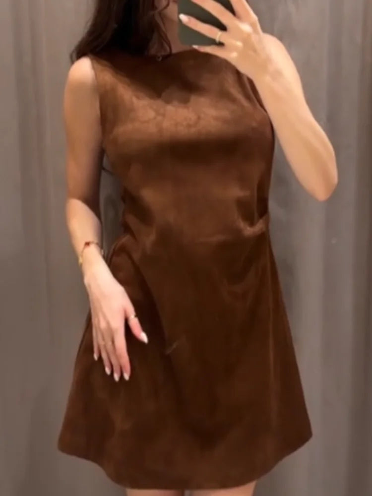 Solid Suede Round Neck Waist-Cinching A-Line Mini Dress