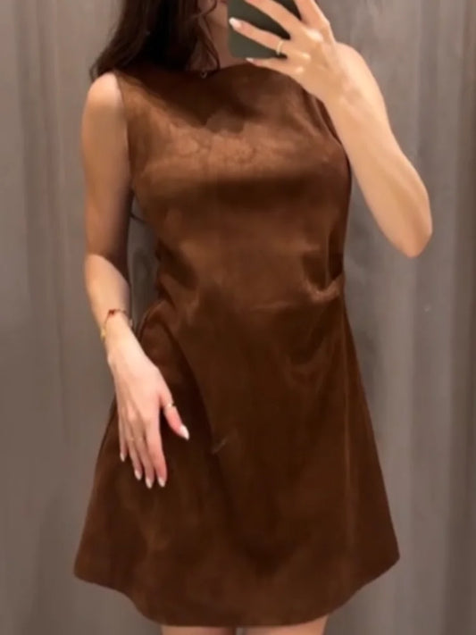 Solid Suede Round Neck Waist-Cinching A-Line Mini Dress