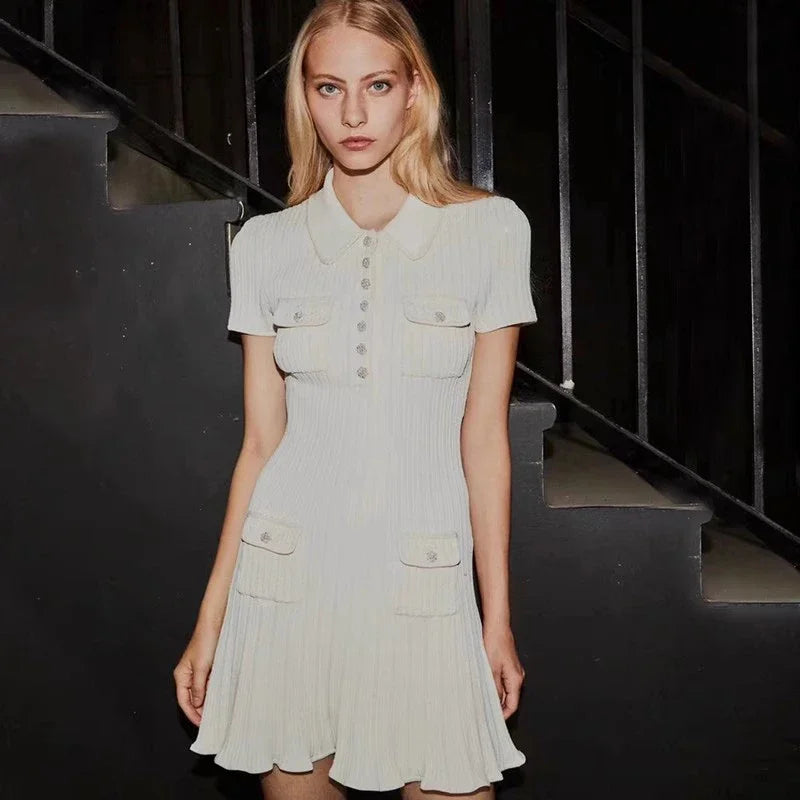 Polo Neck Short Sleeve Knit Wrapped Hip Mini Skirt