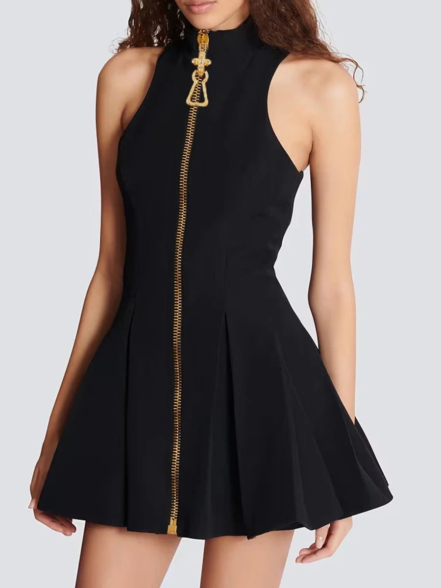 High Neck Sleeveless Patchwork Folds Bodycon Mini Dress