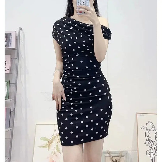 Black Polka Dot Knit Asymmetrical Shoulder Mini Dress