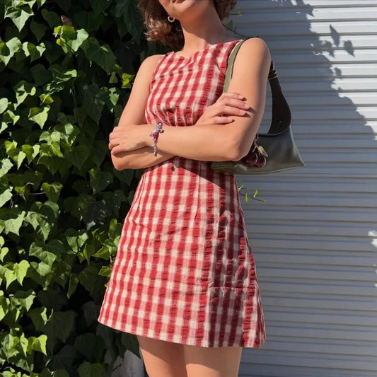 Red & White Checkered Slim Waist Sleeveless Mini Dress