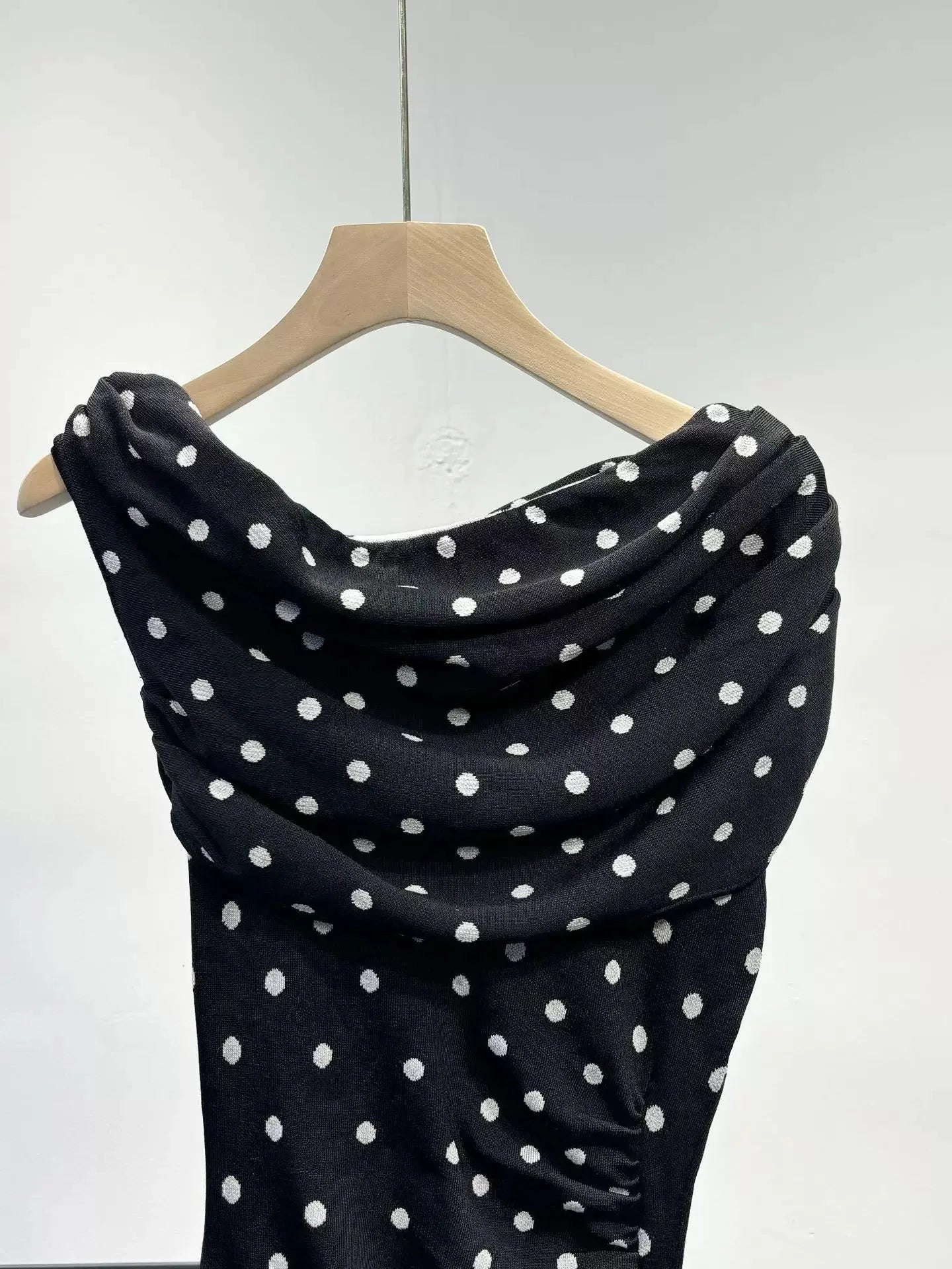 Black Polka Dot Knit Asymmetrical Shoulder Mini Dress