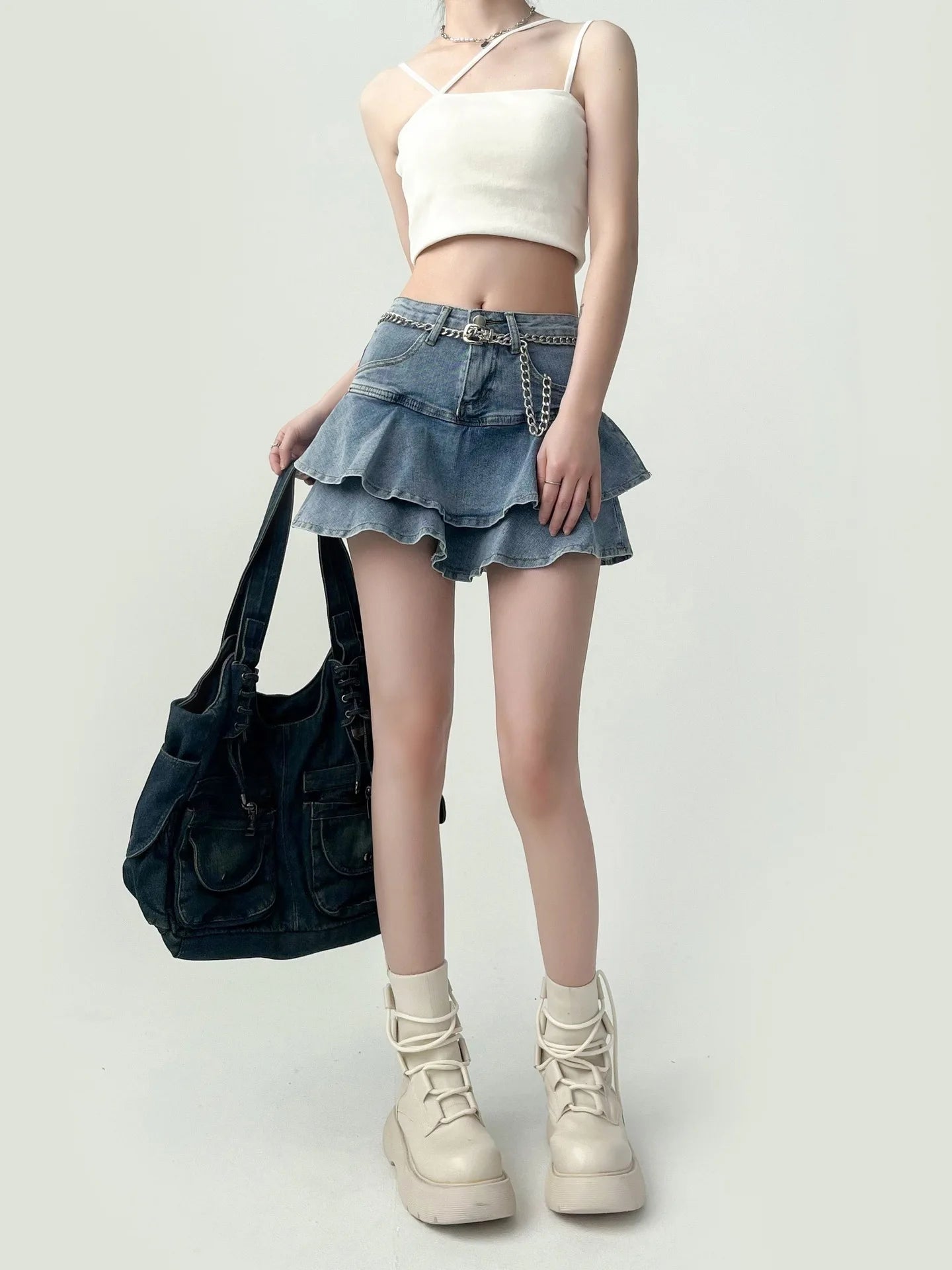 High-Waist Stretch Denim Mini Skirt