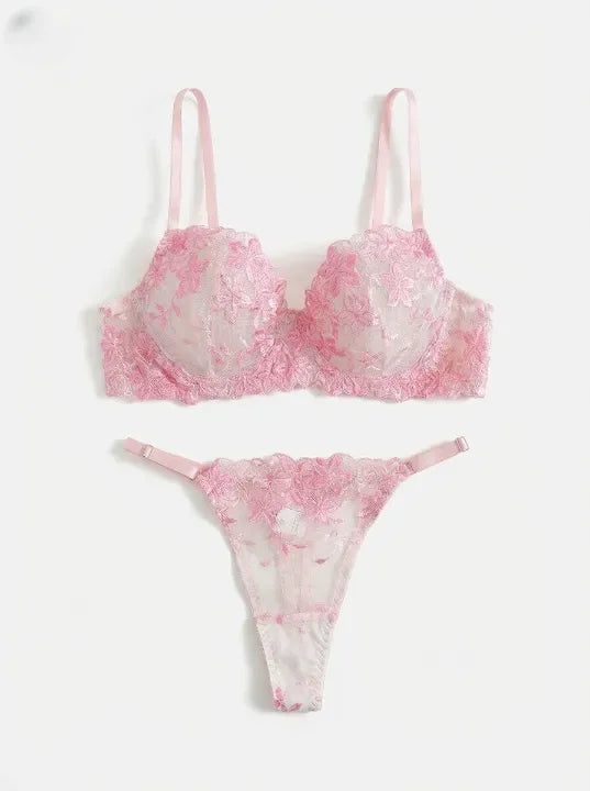 Floral Embroidery Underwire Push-Up Bra & Lace Panty Set