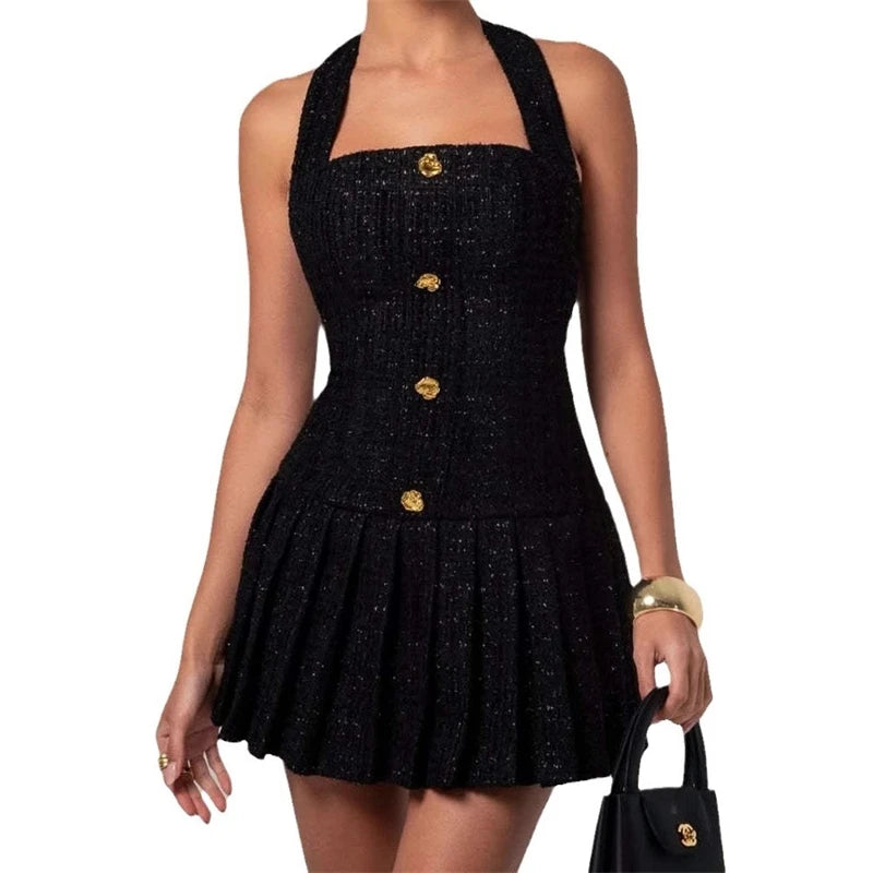 Solid Color Pleated Halter Mini Dress